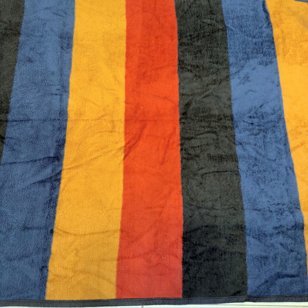 VTG Biederlack Blanket Throw Striped Color Block Plush Blue Red Yellow Acrylic